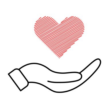 Bir Scribble Heart Vektör İllüstrasyonu El Tutuşu. Temiz, minimalist bir vektör çizimi üzerinde parlak kırmızı bir karalama kalbini nazikçe destekleyen açık bir siyah eli gösteriyor..