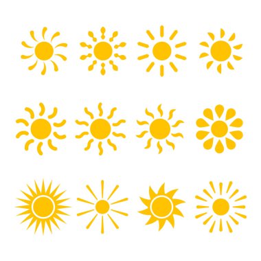 Dekoratif Sarı Güneş Simgeleri Vektör Resimleri Koleksiyonu. Dekoratif güneş ikonlarının her biri sıcaklığı, enerjiyi ve yaratıcılığı hissetmek için eşsiz bir şekilde işlenmiş..