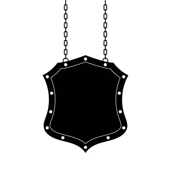 Zincirli Vintage Asma Kalkanı. Siyah Siluet Vektör İllüstrasyonu. İki dikey zincirle askıya alınmış klasik stil bir kalkan levhası..