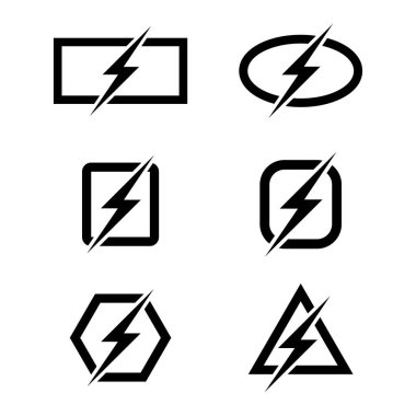 Geometrik Çerçeve Vektör Resimlerindeki Elektrik Bolt Sembolü. Farklı geometrik çerçevelere entegre edilmiş altı kalın siyah elektrikli cıvata simgesi koleksiyonu.