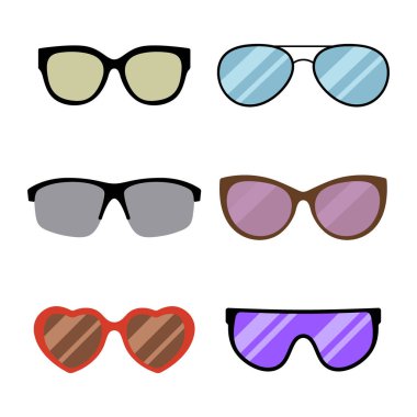 Moda Güneş Gözlüğü Vektörü İllüstrasyonu. Her çift eşsiz bir tasarım ve lens rengi sergiliyor. Bu renkli koleksiyon yaz, moda ve aksesuar temalı projeler için idealdir..