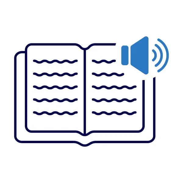 Audiobook Simgesi ile Açık Kitap ve Sözcü Sembol Vektör İllüstrasyonu. Üzerinde ses dalgaları olan mavi bir hoparlör ikonu eşliğinde dalgalı satırlar olan açık bir kitap..