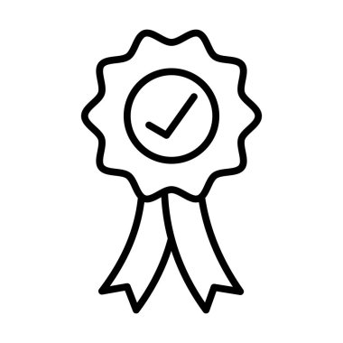 Çek İşaretli Rozet Simgesi Ödülü. Siyah Taslak Vektör İllüstrasyonu. Bu vektör illüstrasyonunda, temiz bir taslak tarzında tasvir edilmiş stilize edilmiş bir ödül rozeti veya kurdele sembolü yer almaktadır..