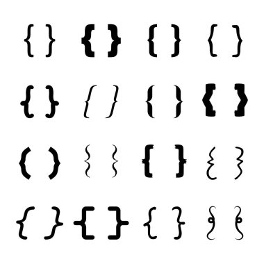 Çeşitli Styles Vektör İllüstrasyonunda Dekoratif Kıvrımlı Parantezler. Bu vektör illüstrasyonu bir ızgara düzeninde gösterilen çeşitli kıvrımlı parantez koleksiyonunu içerir.