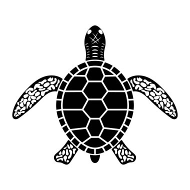 Kabile Deniz Kaplumbağası Silueti Vektör İllüstrasyonu. Tasarım geometrik segmentlerle biçimlendirilmiş bir kabuk içerirken, yüzgeçler ve baş karmaşık kabile ya da soyut desenlerle süslenmiştir..