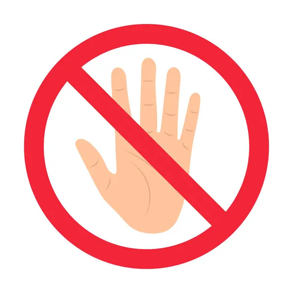 El işaretini durdur. Dokunma Vektörü İllüzyonu Yok. Durma hareketiyle bir insan eli kaldırıldı, evrensel olarak tanınan bir yasaklama sembolü ile kaplandı - çapraz kesikli bir çember.