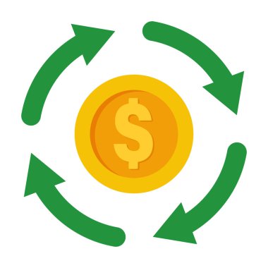 Para Döngüsü Simgesi. Yeşil Ok Vektör İllüstrasyonlu Dolar Sikkesi. Merkezinde para, para ya da para birimini sembolize eden sarı dolar işareti olan altın bir sikke..