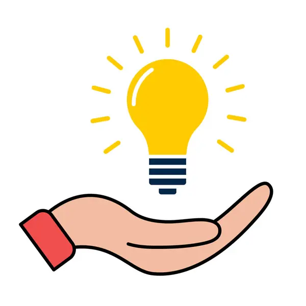 El ele tutuşan ampul. Yaratıcılığın sembolü. Vektör İllüstrasyonu. Parlayan sarı bir ampulü tutan stilize edilmiş bir insan eli, yeni bir fikri ya da yeniliği simgeliyor..