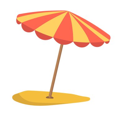 Plaj Şemsiyesi Kum Vektörü İllüstrasyonu. Alternatif kırmızı ve sarı panelleri olan klasik bir plaj şemsiyesi, altın bir kum parçasının üzerinde duruyor..