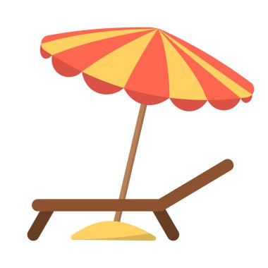 Şemsiye Vektör İllüstrasyonlu Plaj Sandalyesi. Büyük, renkli bir plaj şemsiyesiyle eşleştirilmiş, rahat, ahşap bir plaj şezlongu. Şemsiye, yumuşak sarı kum yığınına yerleştirilmiş..