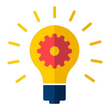 İcat ampulü ve Gear Simgesi Vektör İllüstrasyonu. Merkezinde kırmızı dişli bir sembol olan sarı ampul, yenilik, teknoloji ve mühendislik fikirlerini sembolize ediyor..