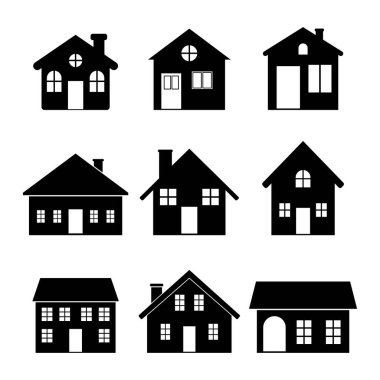 Siyah Siluet Ev Simgeleri Koleksiyonu. Her biri farklı mimari tasarımlara sahip dokuz siyah siluet ev simgesinden oluşan bir koleksiyon içeren vektör illüstrasyonu.