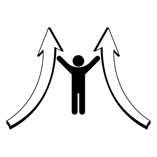 Başarı Büyüme Sembolü: Kişi ve Yukarı Oklar Vektörü illüstrasyonu. İki büyük ok arasında duran kollarını kaldırmış bir insan figürü..