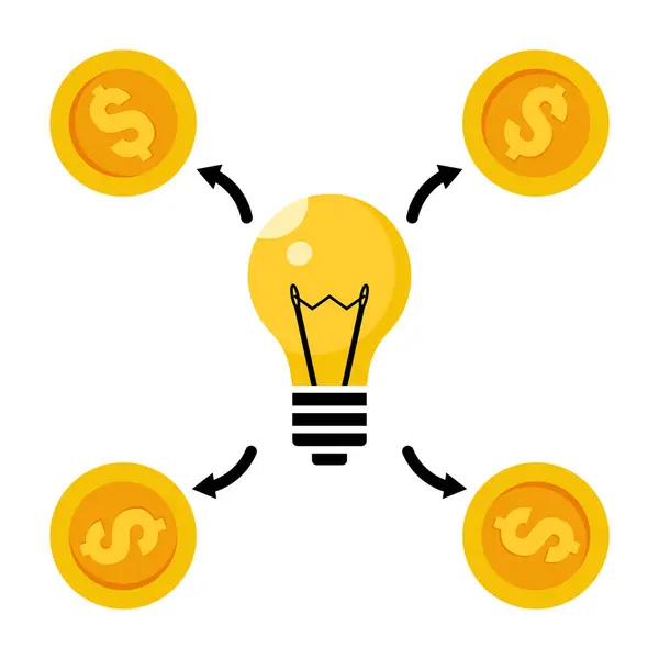 Ampul Fikri Para Vektörü İllüstrasyonu Oluşturuyor. Parlak sarı bir ampul yaratıcılığı ve yeniliği simgeliyor dolar işaretli altın sikkelerle çevrili..