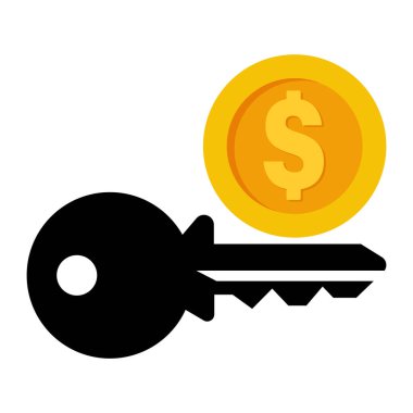 Para ve Başarı Vektörü İllüstrasyonunun Anahtarı. Siyah bir anahtar ve içinde dolar işareti olan altın bir sikke. Mali başarı, para güvenliği, zenginlik ve iş büyümesi.
