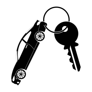 Araba ve Key Silhouette Vector Illustration. Büyük bir anahtarı olan anahtarlığa bağlı bir araba. Yaratıcı tasarım sürücü, güvenlik, mülkiyet, erişim ve ulaşımı sembolize eder.