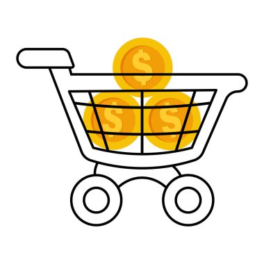 Bozuk para taşıyıcı illüstrasyonlu alışveriş arabası. İçinde dolar sembolleri olan altın sikkelerle dolu bir alışveriş arabası. Web siteleri, reklamlar ve uygulamalar için mükemmel..