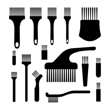 Fırça Siluet Vektör İllüstrasyonu. Siyah siluet tarzında bir dizi farklı fırça. Koleksiyonda çeşitli fırça tasarımları yer alıyor.