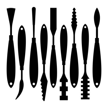 Siluet Kil Heykel Alet Vektörü İllüzyonu. Siyah siluet biçiminde kil yontma araçları koleksiyonu. Set çeşitli modelleme ve şekillendirme araçlarını içerir..