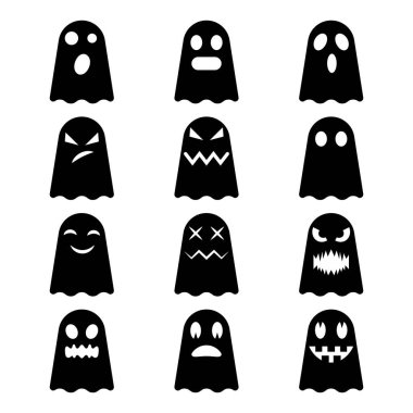 Farklı yüz ifadeleri olan hayalet siluetleri. Vektör İllüstrasyonu. Her hayalet kendine özgü bir duygu gösterir. Mutlu, kızgın, şaşırmış, üzgün, korkutucu ve komik..