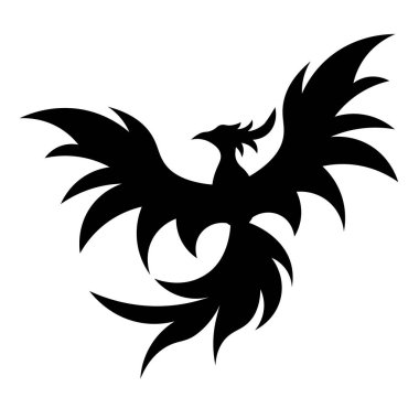 Anka kuşu. Siluet Vektör İllüstrasyonu. Kanatları ve dekoratif tüyleri olan görkemli bir Anka kuşunun siyah silueti..