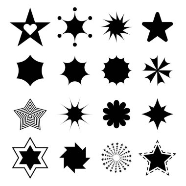 Dekoratif Yıldız Şekilleri ve Soyut Yıldız patlaması Simgeleri Koleksiyonu. Vektör İllüstrasyonu. Logolar, simgeler, festival dekorasyonları, tatil temaları, grafik tasarım projeleri için mükemmel.