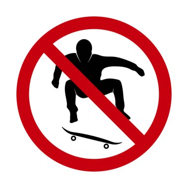 Kaykay Yasağı Vektör İllüstrasyonu yok. Kırmızı bir çemberin içinde çapraz bir çizgiyle zıplayan bir kaykaycının siluetini gösteren bir yasaklama işareti..