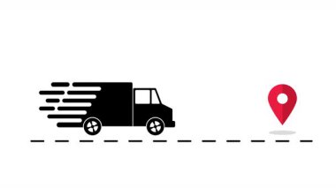 Şeffaf arkaplanda alfa kanalı olan Nakliye Aracı Animasyonu Hareketli Yol ve Konum Pin. Teslimat, lojistik veya ulaşım temalı projeler için mükemmel.
