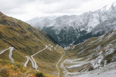Passo Stelvio 'nun (Stilfserjoch) ön planda saç tokaları ve arka planda dağ manzaralı panoramik manzarası