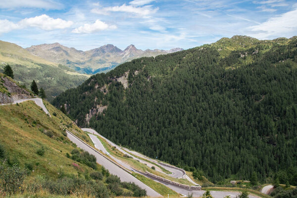 Birds-eye view of hairpins of the curvy road to the Timmelsjoch mountain pass