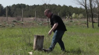 Orta yaşlı, siyah tişörtlü, güneş gözlüklü, kır bahçesindeki yeşil çimenli ağaçların üzerinde baltayla odun kıran vahşi bir adam. Kamp ateşi yakmak için odun kesiyor. Kırsal yaşam