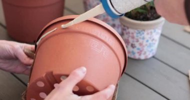 Eller, saksıda çuval bezi süsü yapmak için yapıştırıcı sürerler. Bu el işi projesi kırsal bir dokunuşla dışarıdaki ve içerideki bahçıvanlığı geliştiriyor. Yapıştırıcı ve çuval bezi kullanarak saksının yeniden dekore edilmesi. 