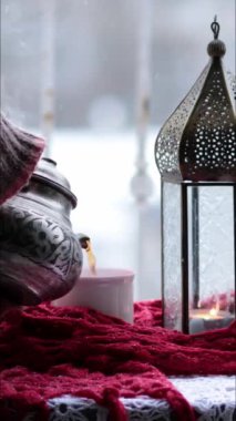 Ramazan feneri içinde gece yarısı ve eller geleneksel çaydanlıktan kırmızı eşarba sarılı ve buharda yükselen fincana sıcak çay döküyor. Arap tarzı klasik lamba ve desenli metal çaydanlık. Dikey video