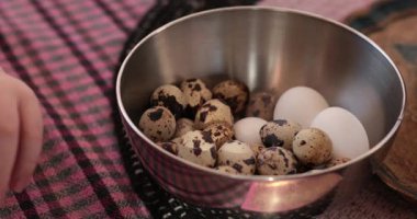 Renkli dekorasyon ve şenlik tasarımları yapmak için Paskalya yumurtalarını boyamadan önce tavuk ve bıldırcın yumurtası pişirme hazırlığı.