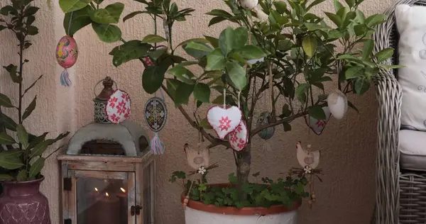 Canlı Paskalya süslemeleri güzel düzenlenmiş bir Paskalya ağacını süslüyor, özenle hazırlanmış piranka yumurtaları içeriyor..