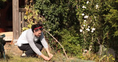 Bu kadın özenle bahçesinden taze sebzeler topluyor, sıcak güneş ışığıyla ıslanıyor ve yemyeşil çiçeklerle çevrili, ev yapımı ürünlere olan bağlılığını yansıtıyor..