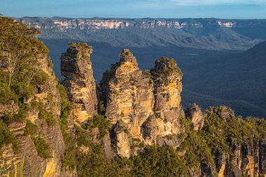 Avustralya 'nın Yeni Güney Galler bölgesinin pitoresk mavi dağlarında bereketli yeşillikler ve mavi gökyüzü ile çevrili ikonik üç kız kardeş kaya oluşumunun nefes kesici bir görüntüsü, akşam güneşinin sıcak renklerinde güneşleniyorlar..