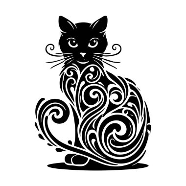 Ornate Black Cat Silhouette with Decorative Design clipart