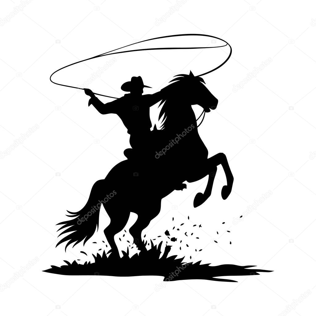 Cowboy silhouette with lasso on white background, vector illustration.