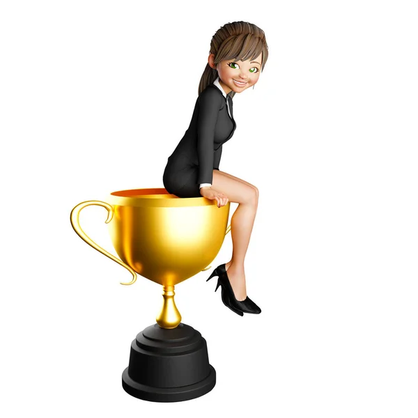 Render Illustration Businesswoman Sitting Gold Trophy — Stock Photo, Image