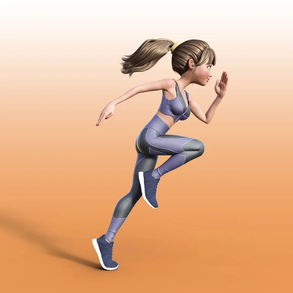 Render Illustration Cartoon Character Woman Black Sportswear Running — Stock Photo, Image