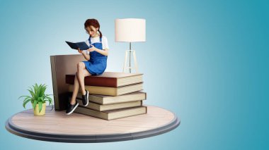 3 boyutlu illüstrasyon. Kitap yığınının üzerinde otururken kitap okuyan bir kadın. 3 Boyutlu Hazırlama