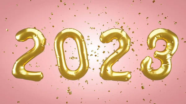 3D渲染 2023金色气球和金色粒子新年周年纪念标志 — 图库照片