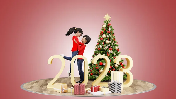 Illustration Render Cartoon Characret Young Couple Celebrating Christmas Happy New — Stock Photo, Image