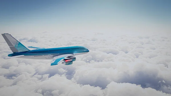 3D airplane with the clouds on blue background, top view. 3D Render