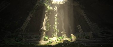 3D illustration rendering. Dark old ruined sanctuary