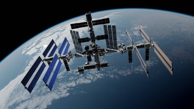 Üç boyutlu illüstrasyon. Dünya gezegeninin yörüngesindeki uluslararası uzay istasyonu. UUİ. Karanlık arka plan. Bu görüntünün elementleri NASA tarafından desteklenmektedir