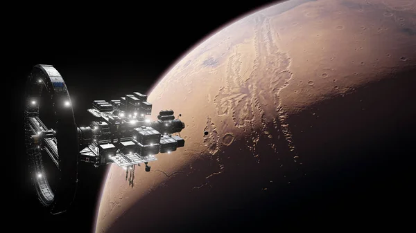 Mars planet. Spaceship on orbit of red planet. Expedition to new world. Colonization. Elements of this image furnished by NASA