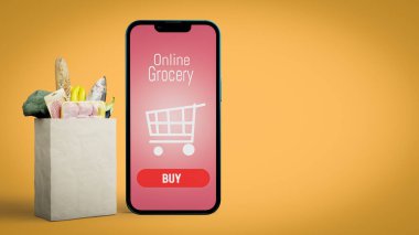 Shopping paper bag with fresh food. Grocery supermarket, food and eats online buying and delivery concept. 3d illustration