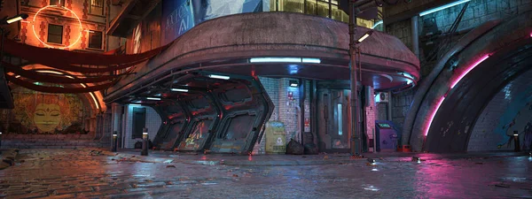 Wide panoramic view of a dark futuristic cyberpunk city street at night. 3D illustration rendering.